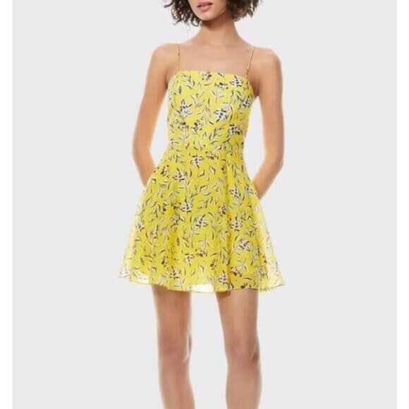 Alice + Olivia Glinda Floral Fit & Flare Silk Blend Mini Dress Yellow Size 0 - Picture 1 of 10